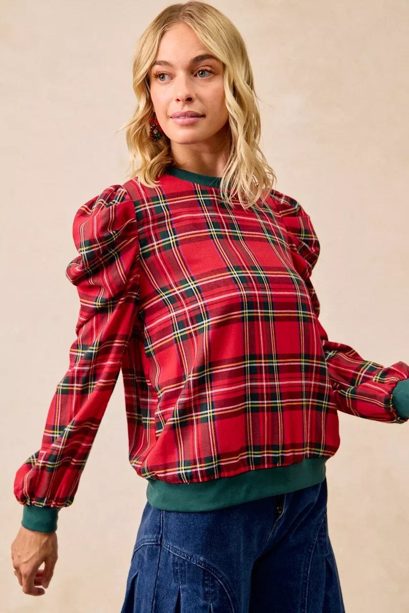 Christmas Plaid Exaggerated Shoulder Sleeves Top, image 4