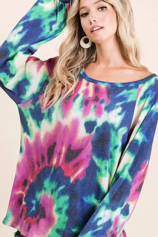 Tie Dye Print Terry Top with Puff Sleeves, image 2