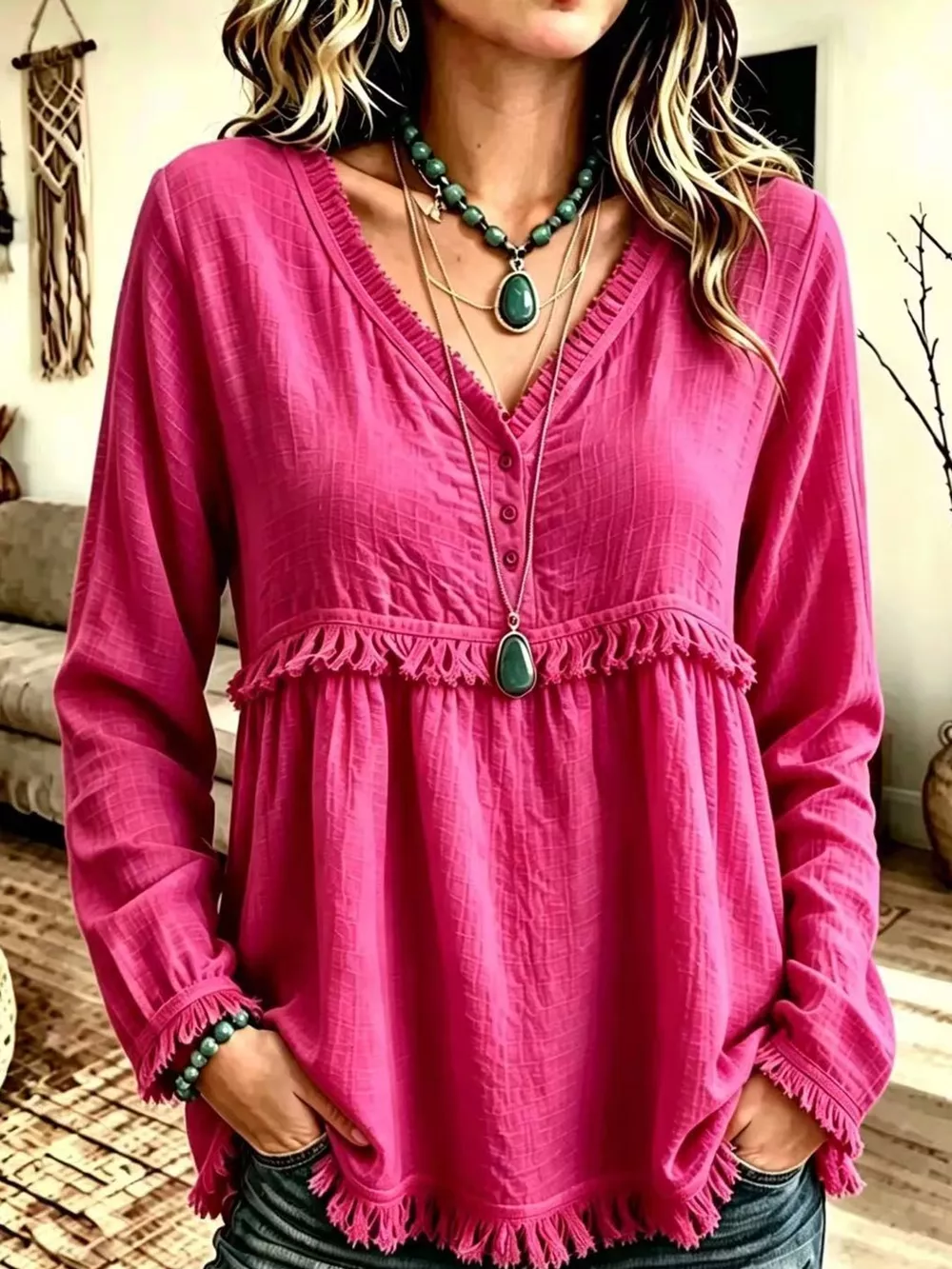 Full Size Fringed Trim V-Neck Long Sleeve Blouse Plus Size, image 39