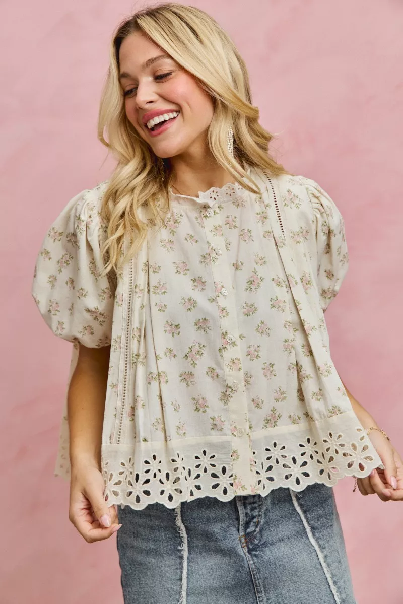 Floral Print Lace Trim Short Sleeves Blouse, image 14