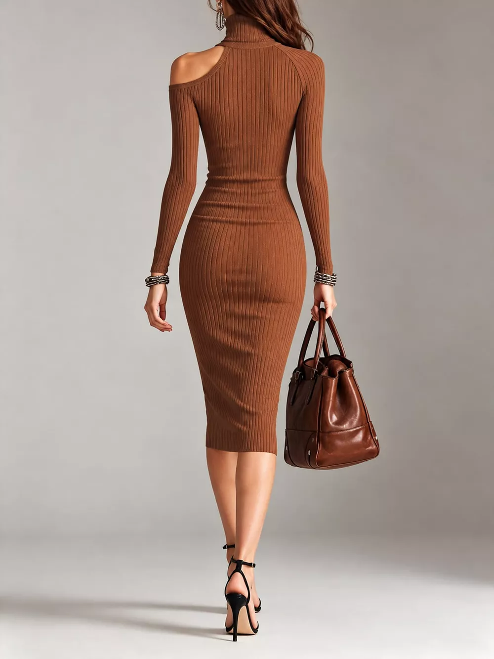 Cold-Shoulder Turtleneck Ribbed Knit Dress, image 11