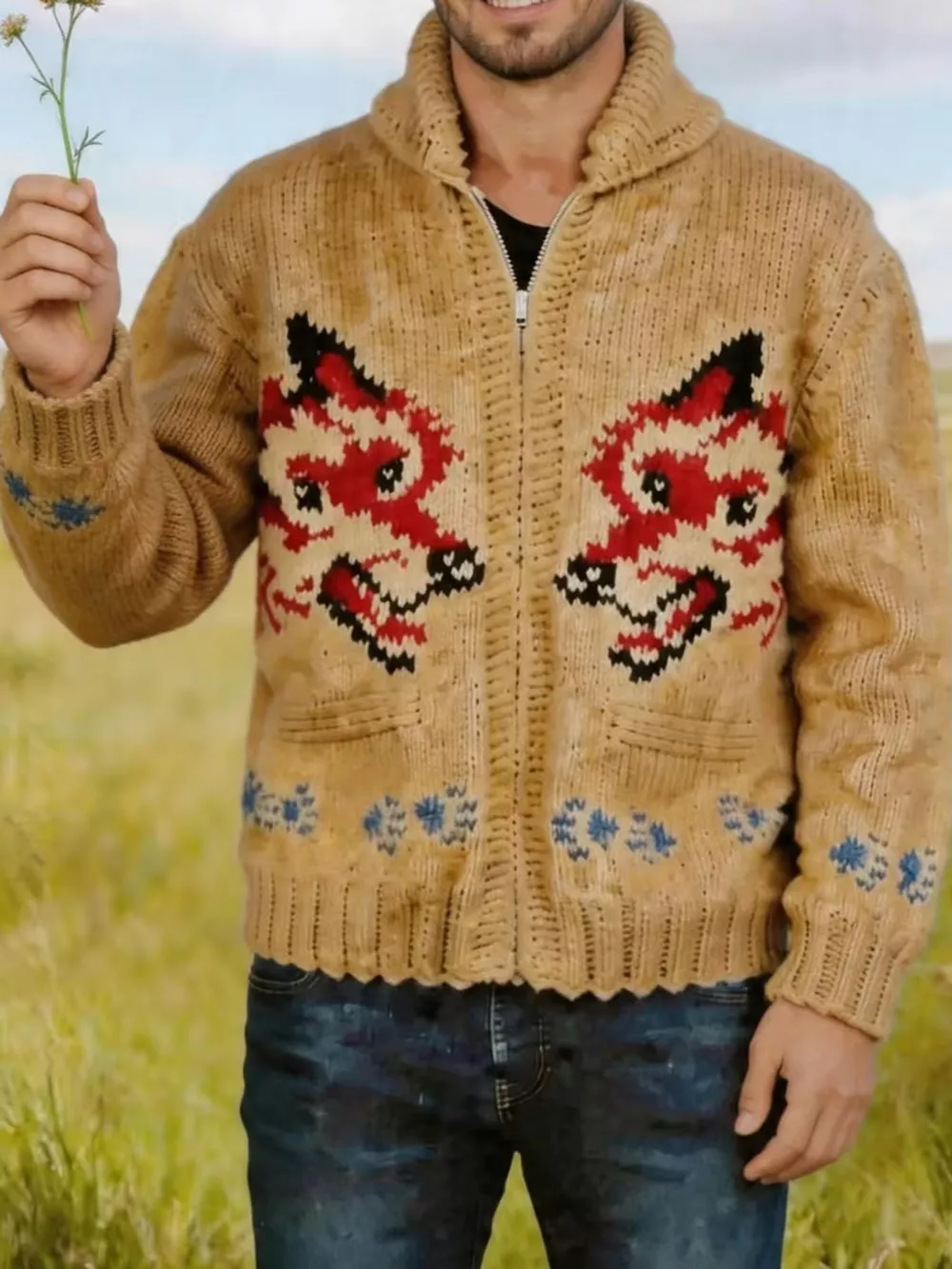 Men's Full Size Animal Chunky Knit Zip-Up Cardigan Plus Size, image 13