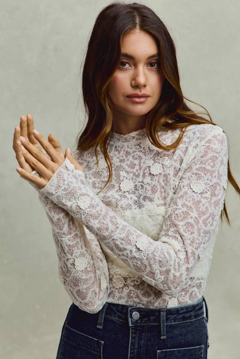 Lace Long Sleeve 3d Effect Floral Layering Top, image 4