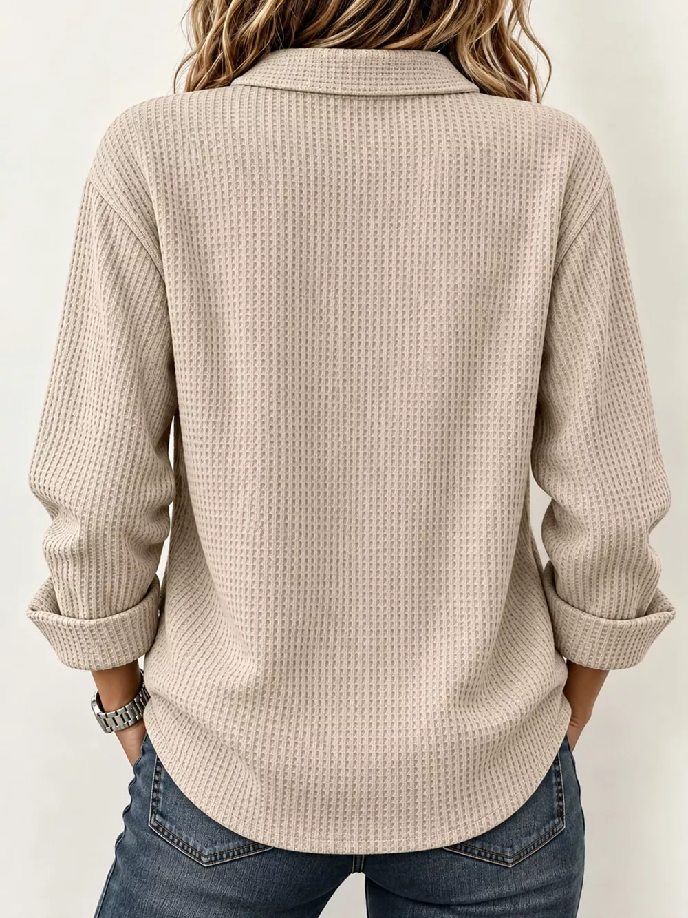 Full Size Waffle Knit Long Sleeve Polo Top Plus Size, image 12
