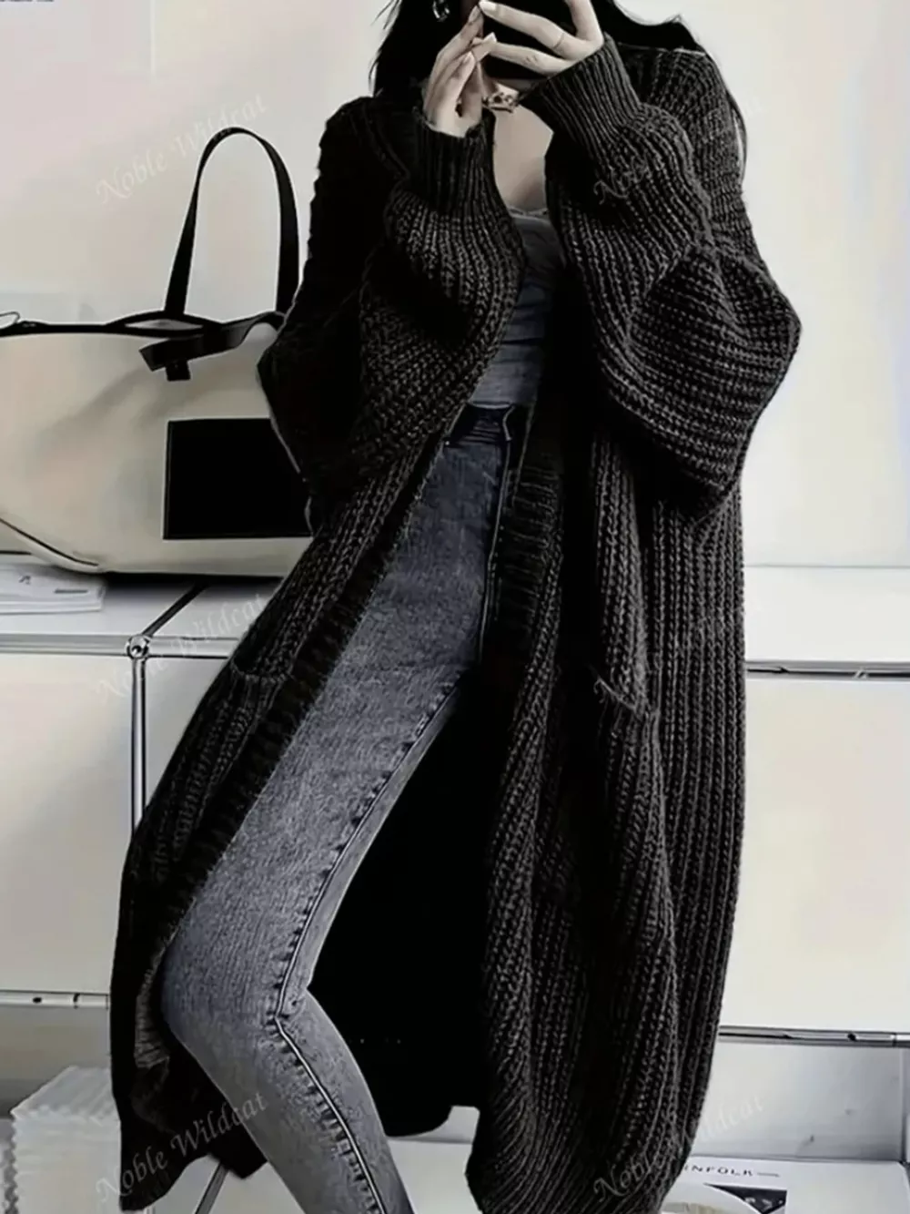 Full Size Chunky Knit Openwork Front Longline Cardigan Plus Size, image 20