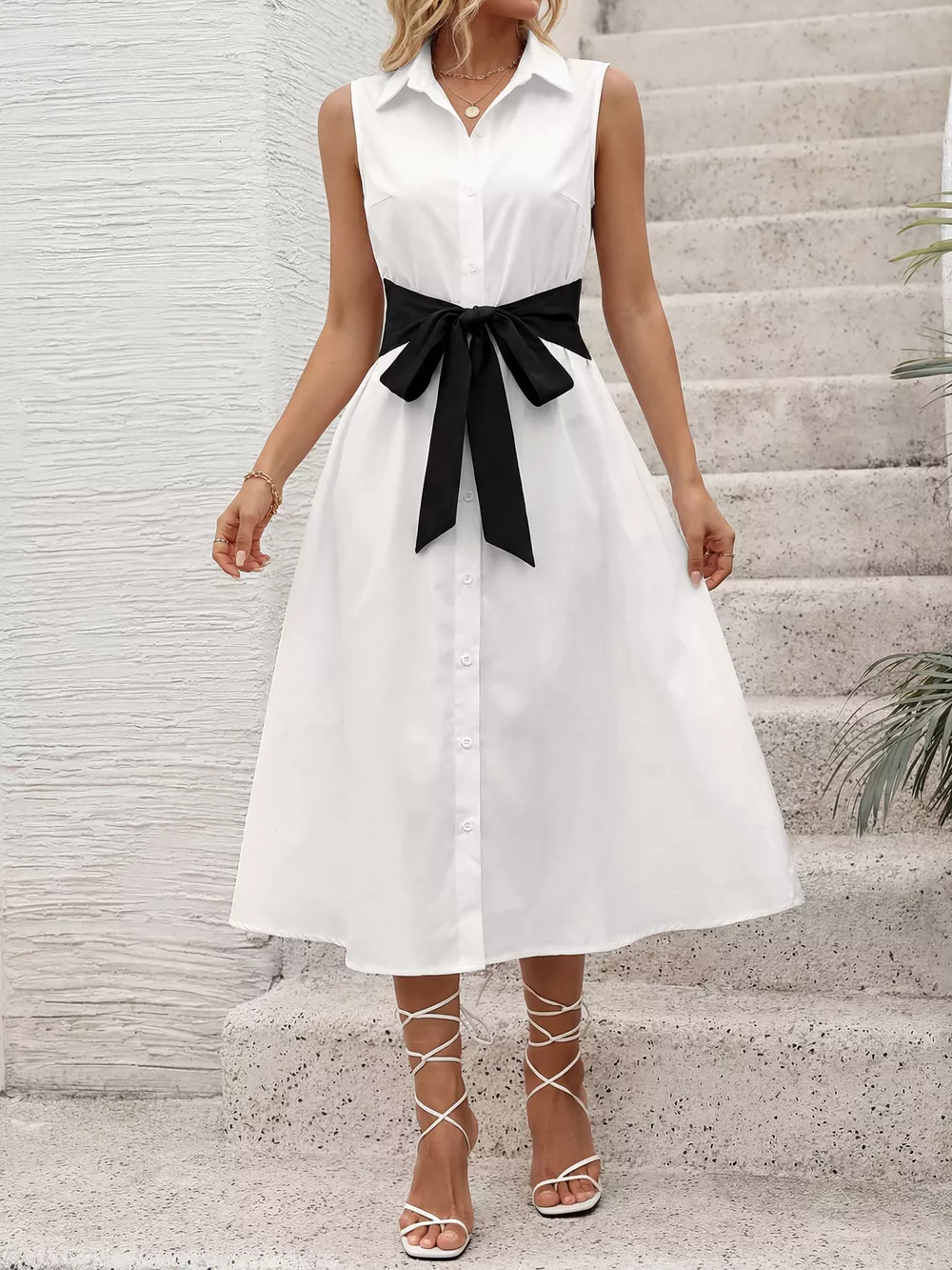 Contrast Bow Sleeveless Shirt Dress, image 4