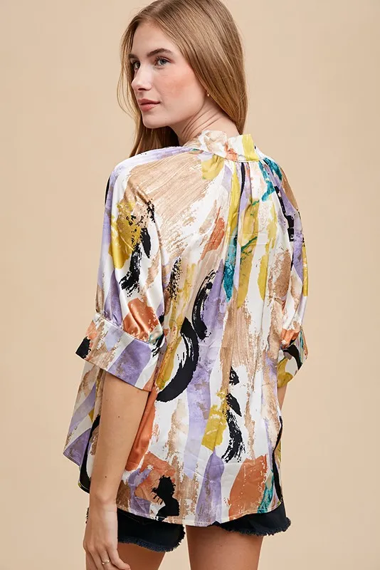 Multi Color Printed V-Neck Open Woven Blouse Top, image 2