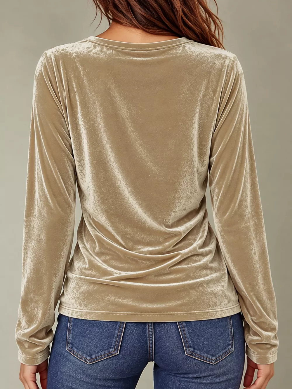Full Size V-Neck Velvet Long Sleeve T-Shirt Plus Size, image 16