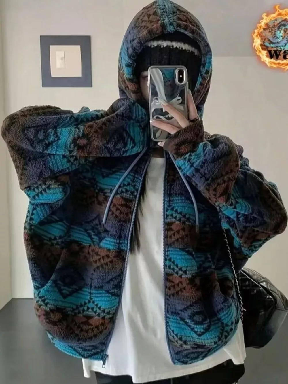 Geometric Pattern Fleece Zip-Up Jacket, image 3