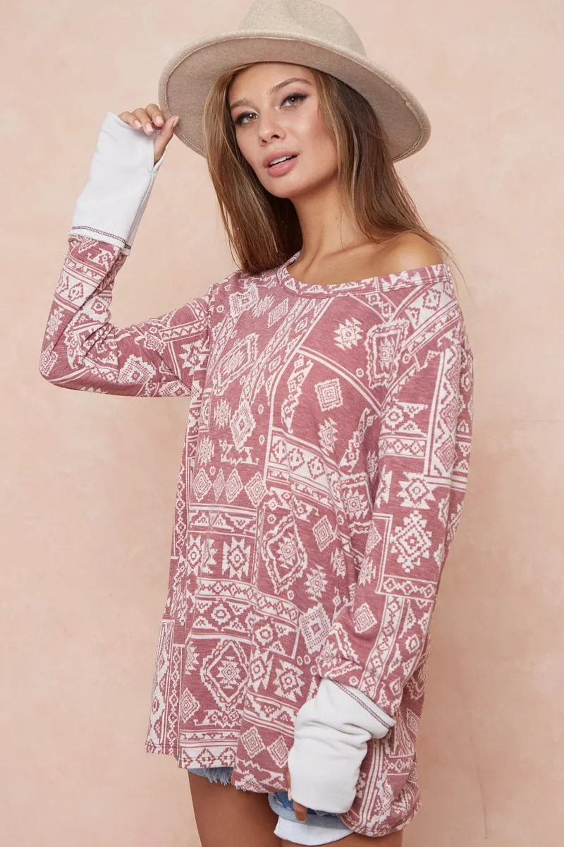 Aztec Print French Terry Top with Thumb Opening, image 4