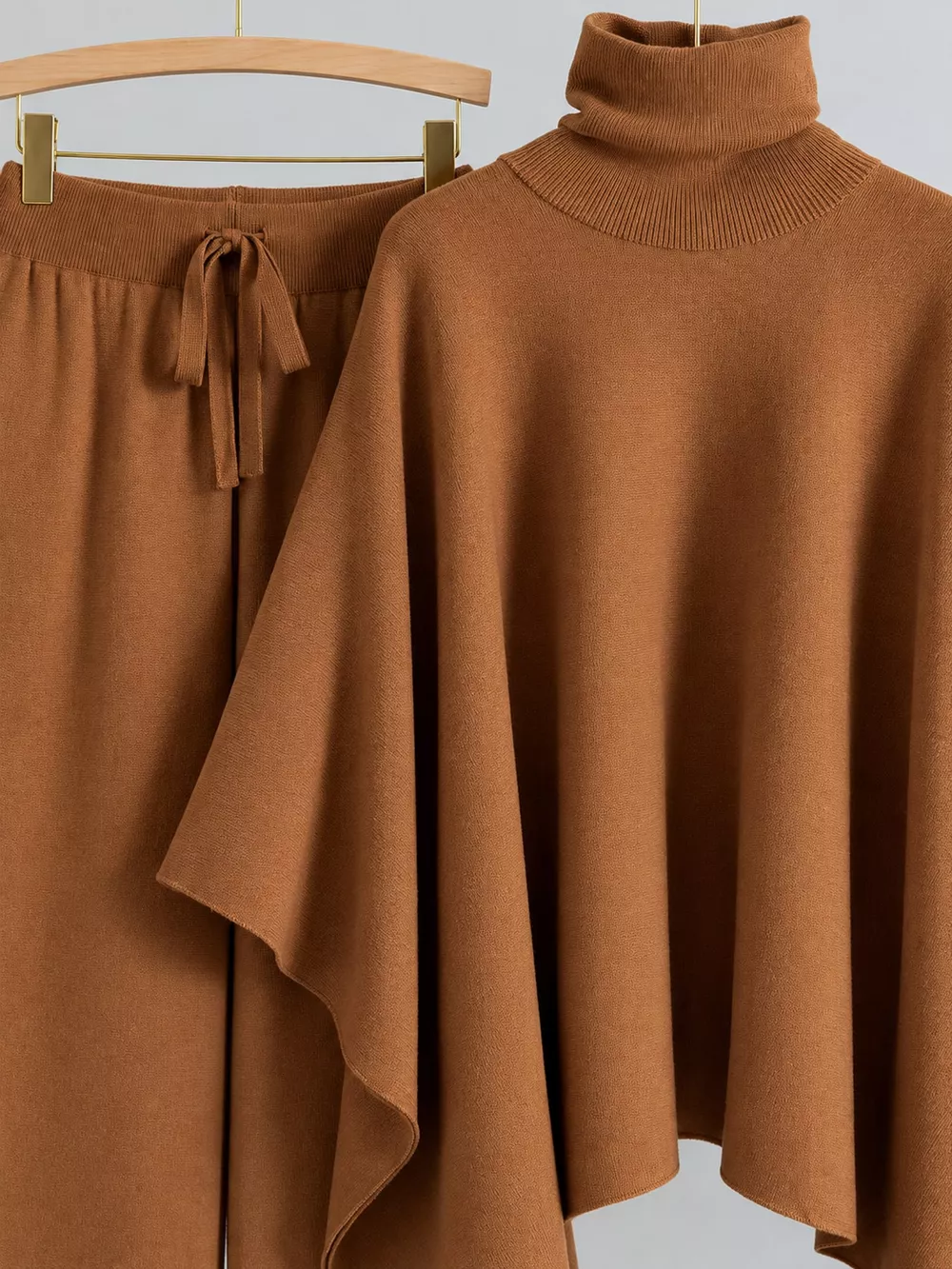 Elegant Turtleneck Poncho Sweater and Wide-Leg Knit Pants Set, image 19