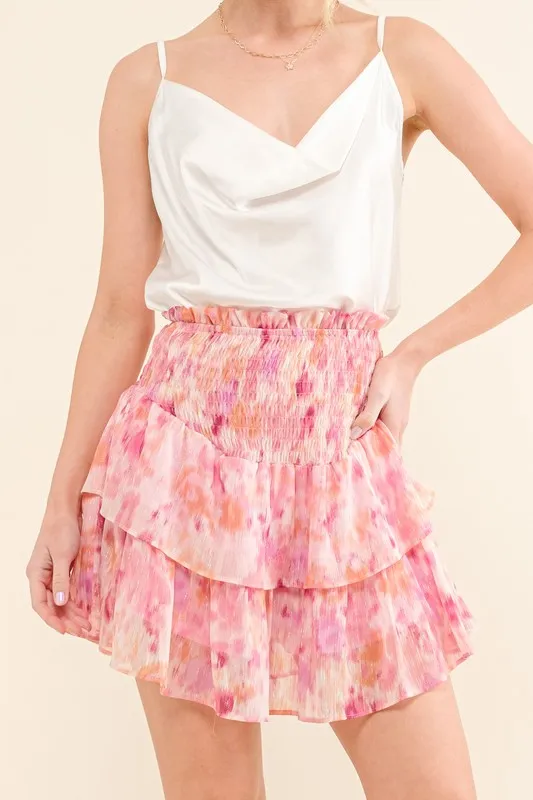 Printed Lurex Smocked Waist Tiered Skort, image 7