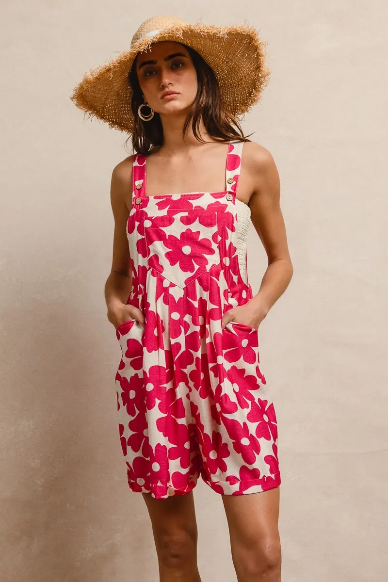 Floral Prints Tuck Detail Short Overall With Pockets, image 4