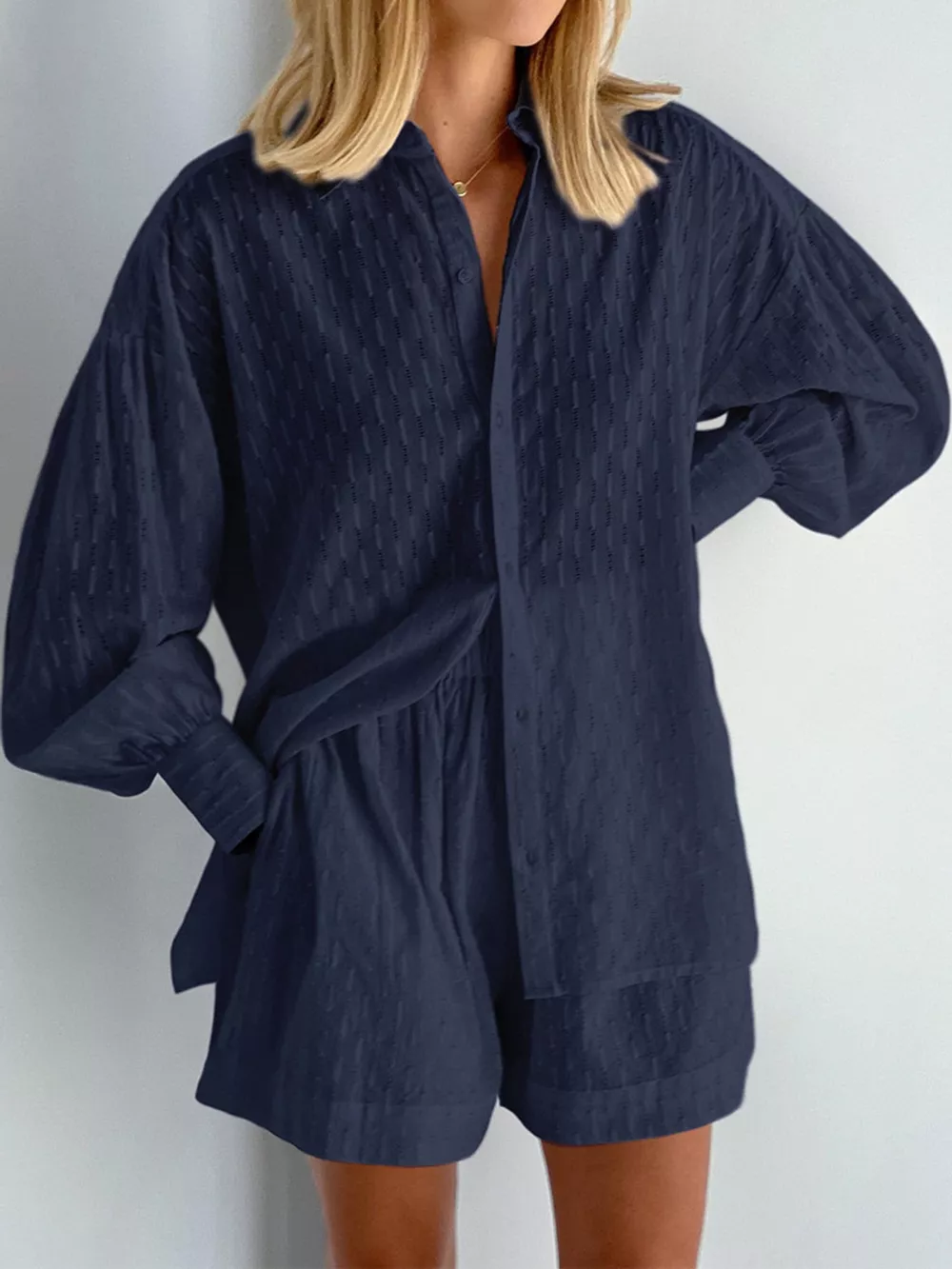 Textured Button-Down Shirt and Shorts Set, image 11