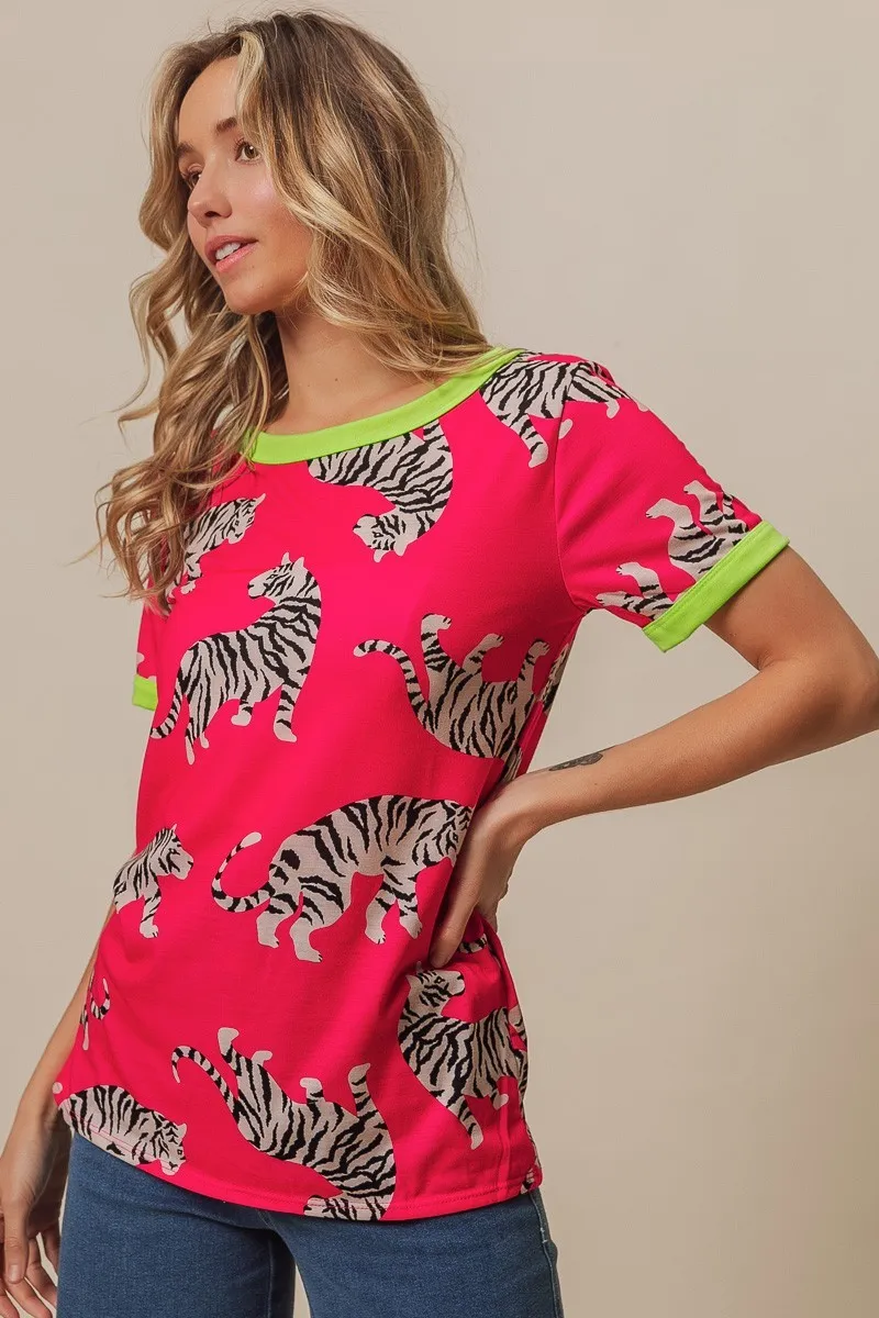 BiBi Big Tiger Print Jersey Contrast Ringer Top, image 10