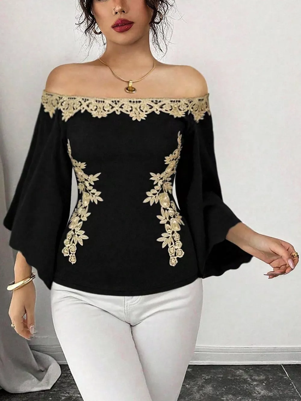 Off-Shoulder Embroidered Bell Sleeve Top, image 2