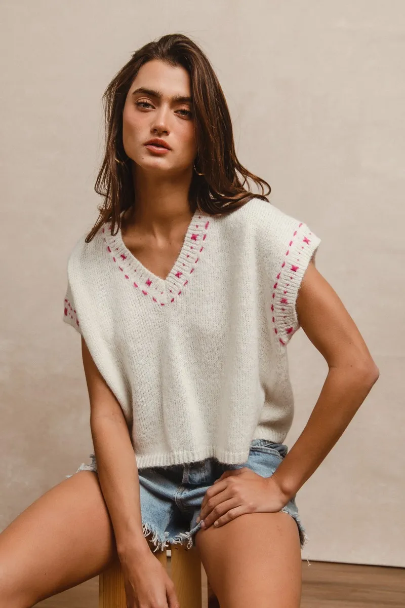 Knit Solid Contrast Stitch Detail Short Sleeves Sweater, image 8