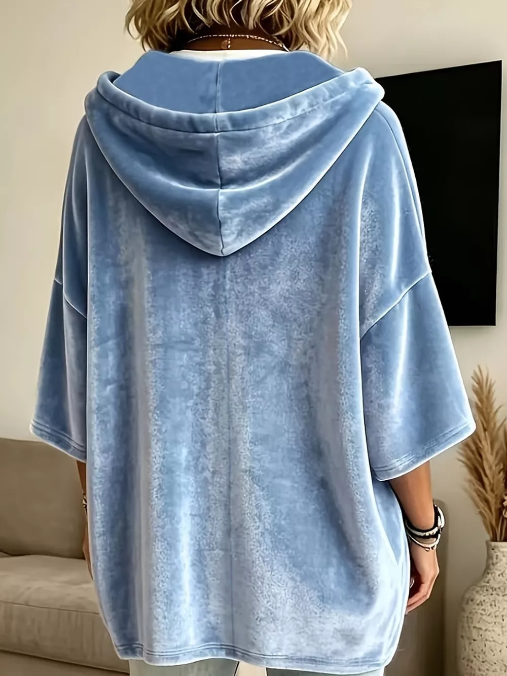 Full Size Velvet Button Detail Hoodie Plus Size, image 3