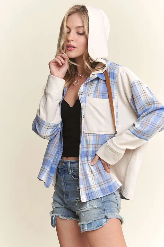 Button Down Plaid Hoodie Shacket, image 2