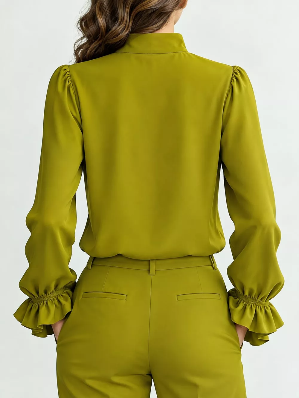 Ruffled Stand-Collar Blouse with Long Lantern Sleeves, image 9