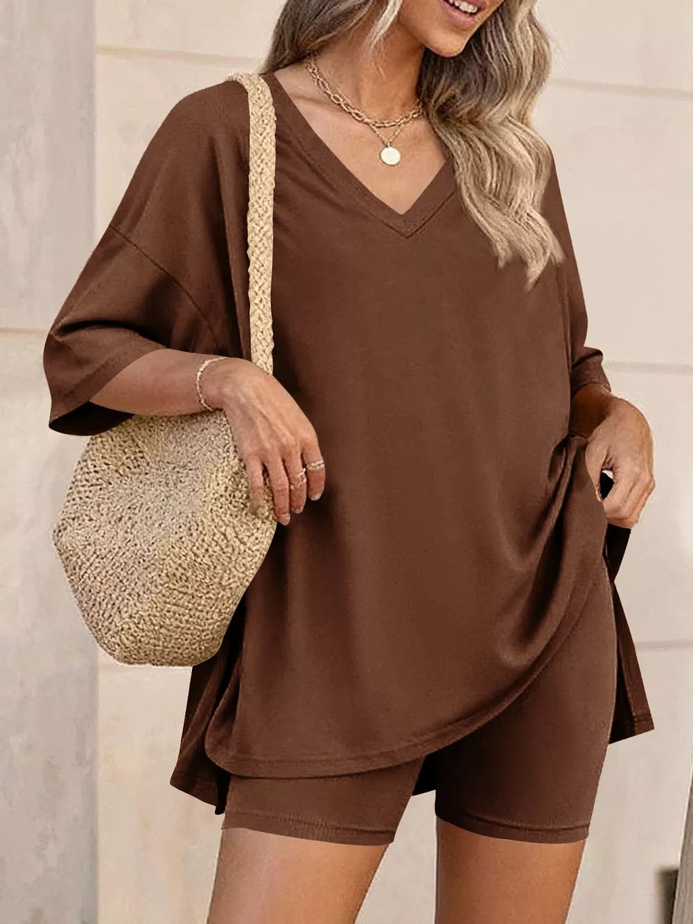 Full Size Casual Loose V-Neck T-Shirt & Shorts Set Plus Size, image 15