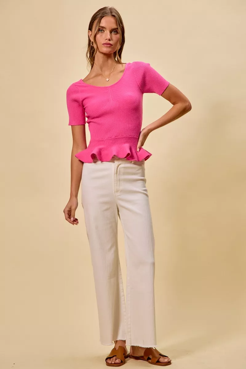 Ribbed Knit Short Sleeves Peplum Sweater Top, image 5