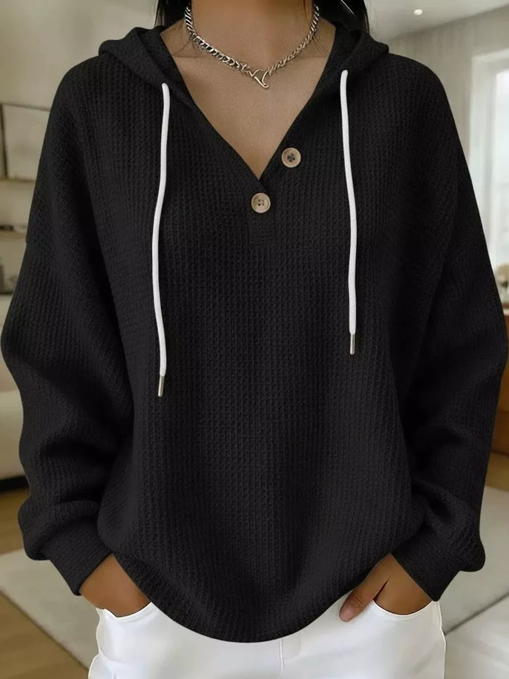 Full Size Waffle Knit Button Detail Hoodie Plus Size, image 20