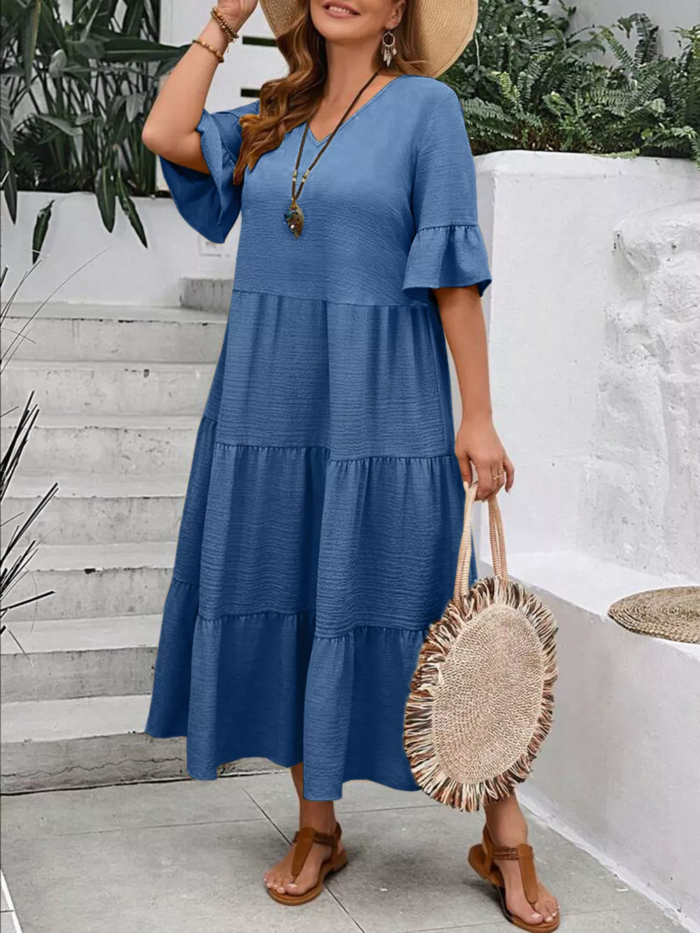 Plus Size Ruffle Sleeves Tiered Midi Dress, image 13