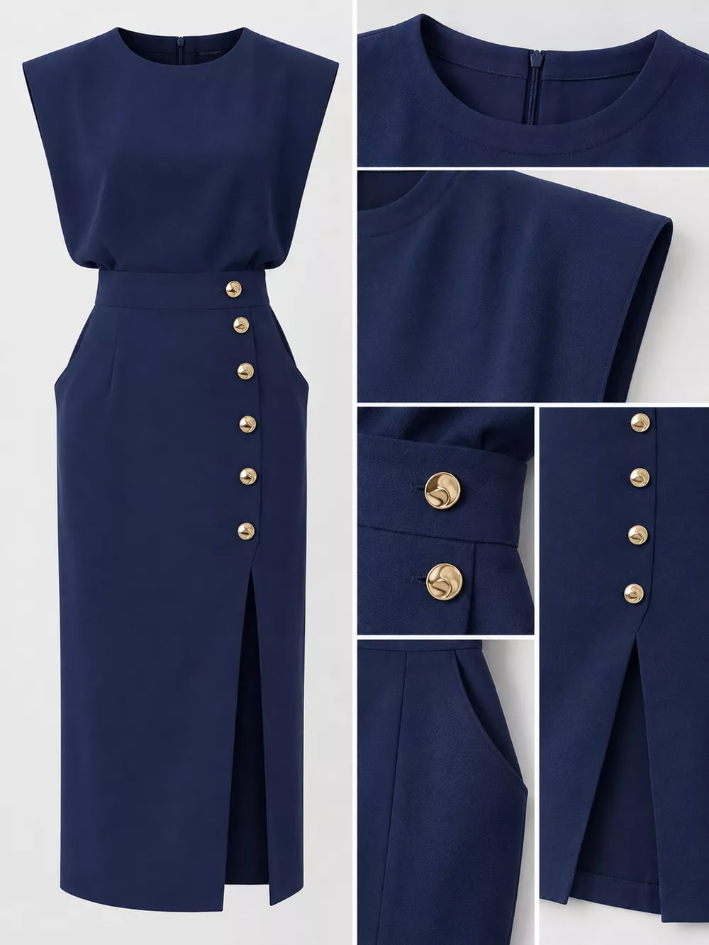 Sleeveless Midi Dress with Gold Button Detail and Side Slit, image 10