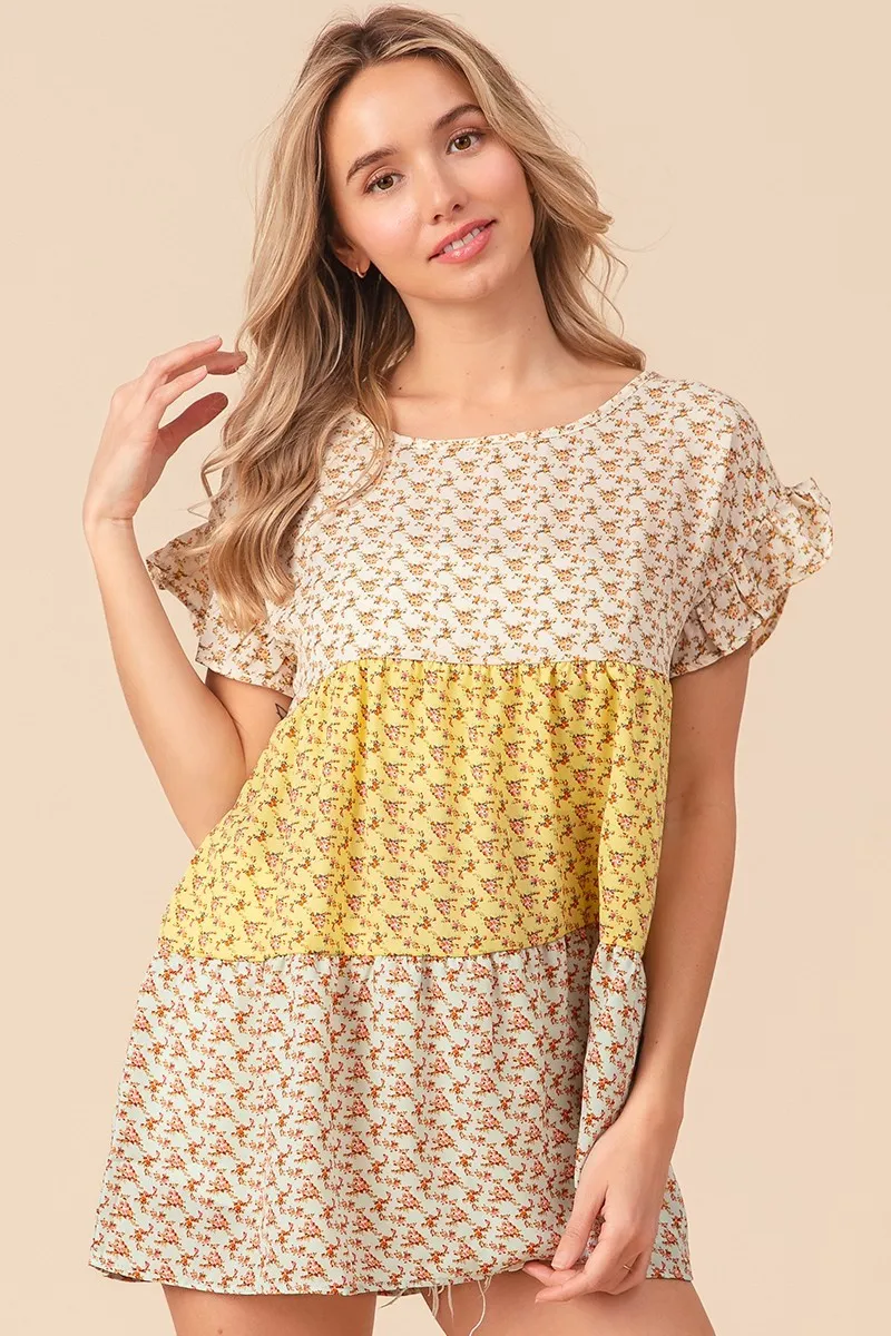 Flroal Printed Woven Color Block and Tiered Top, image 3