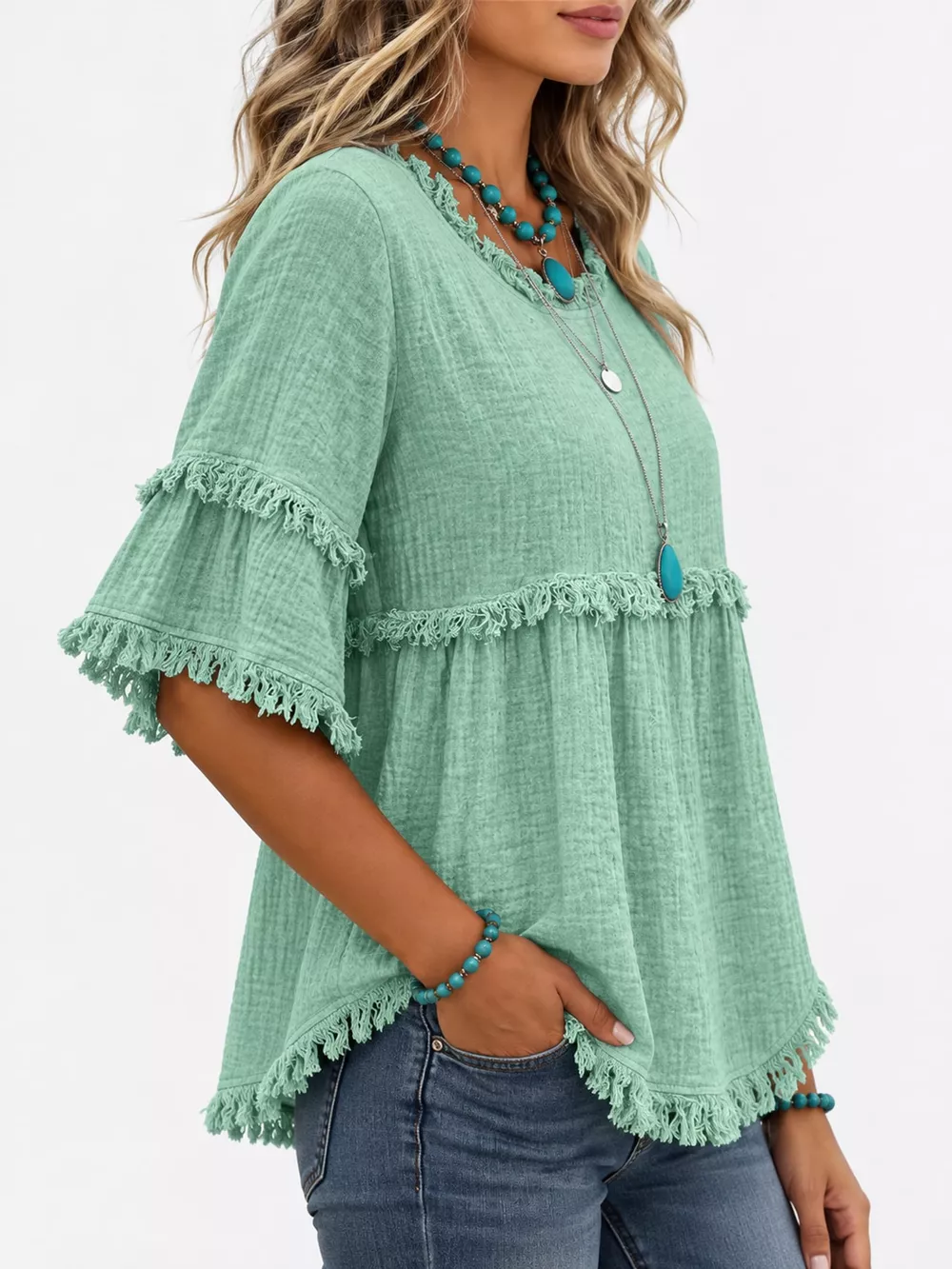 Full Size Frayed Edge Textured Blouse Plus Size, image 7