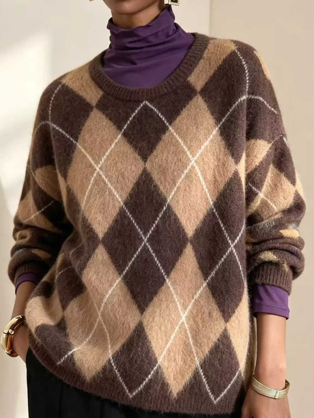 Argyle Pattern Fuzzy Knit Sweater, image 7