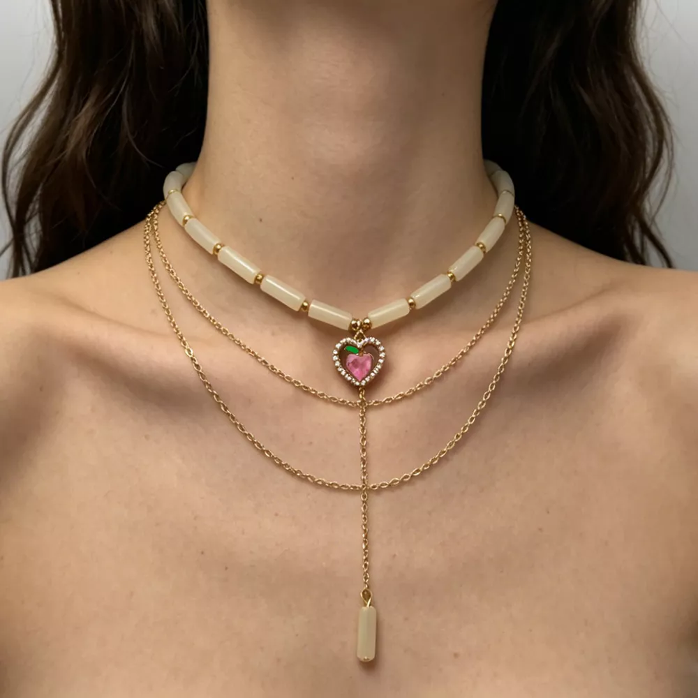 Layered Heart Pendant Necklace with Jade Beads, image 3