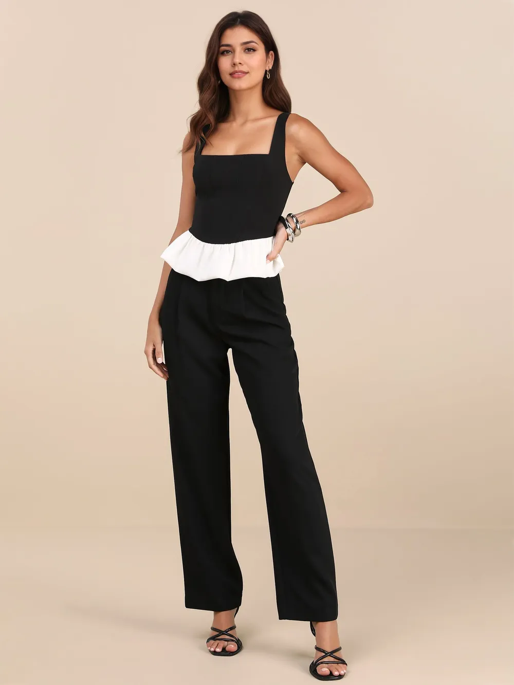 Contrast Ruffled Hem Square Neck Tank, image 4