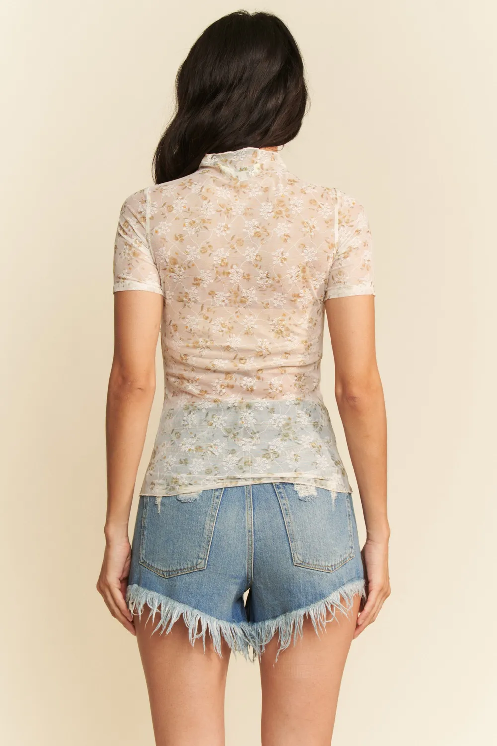 Floral Mesh Mock Neck Short Sleeve Top, image 3