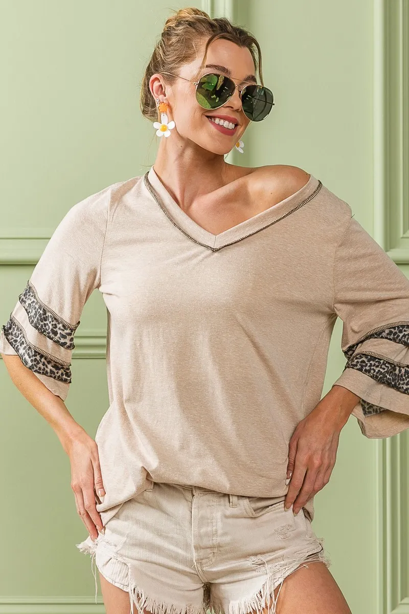 Triblend Knit Top with Leopard Band Detail, image 2