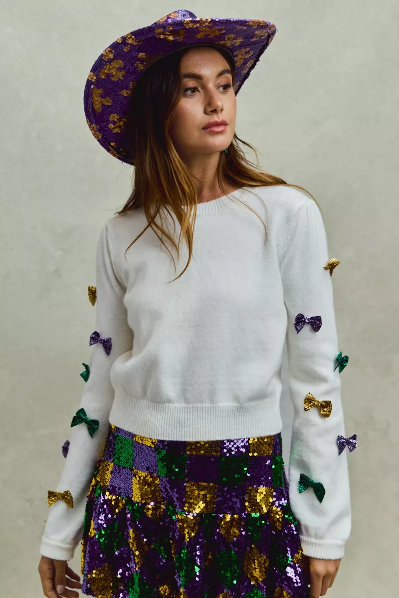 Mardi Gras Glitter Bow Ribbon Sweater Knit Top, image 9