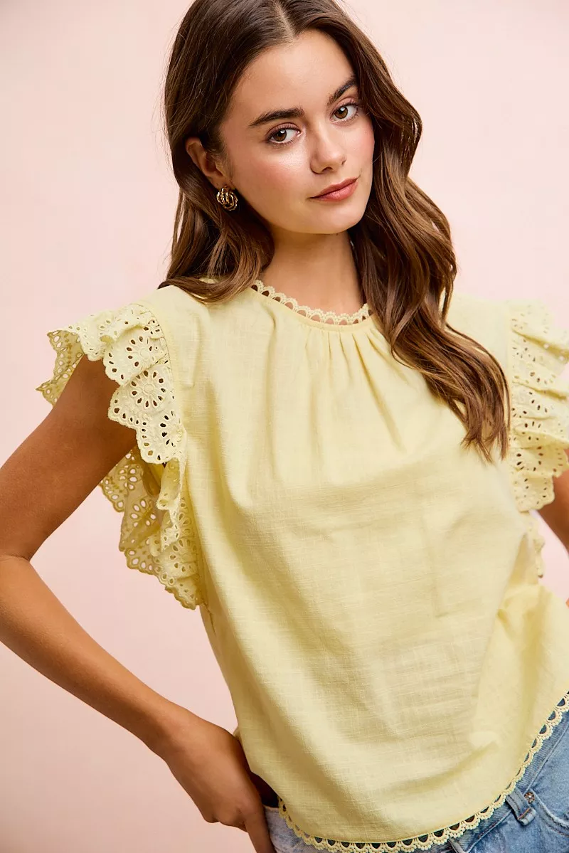 BiBi Cotton Solid Ruffle Sleeve Lace Detail Blouse Top, image 8