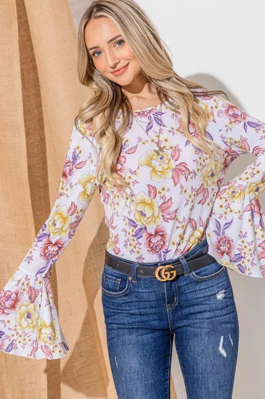 Floral Printed Bell Sleeve Casual Top, image 4