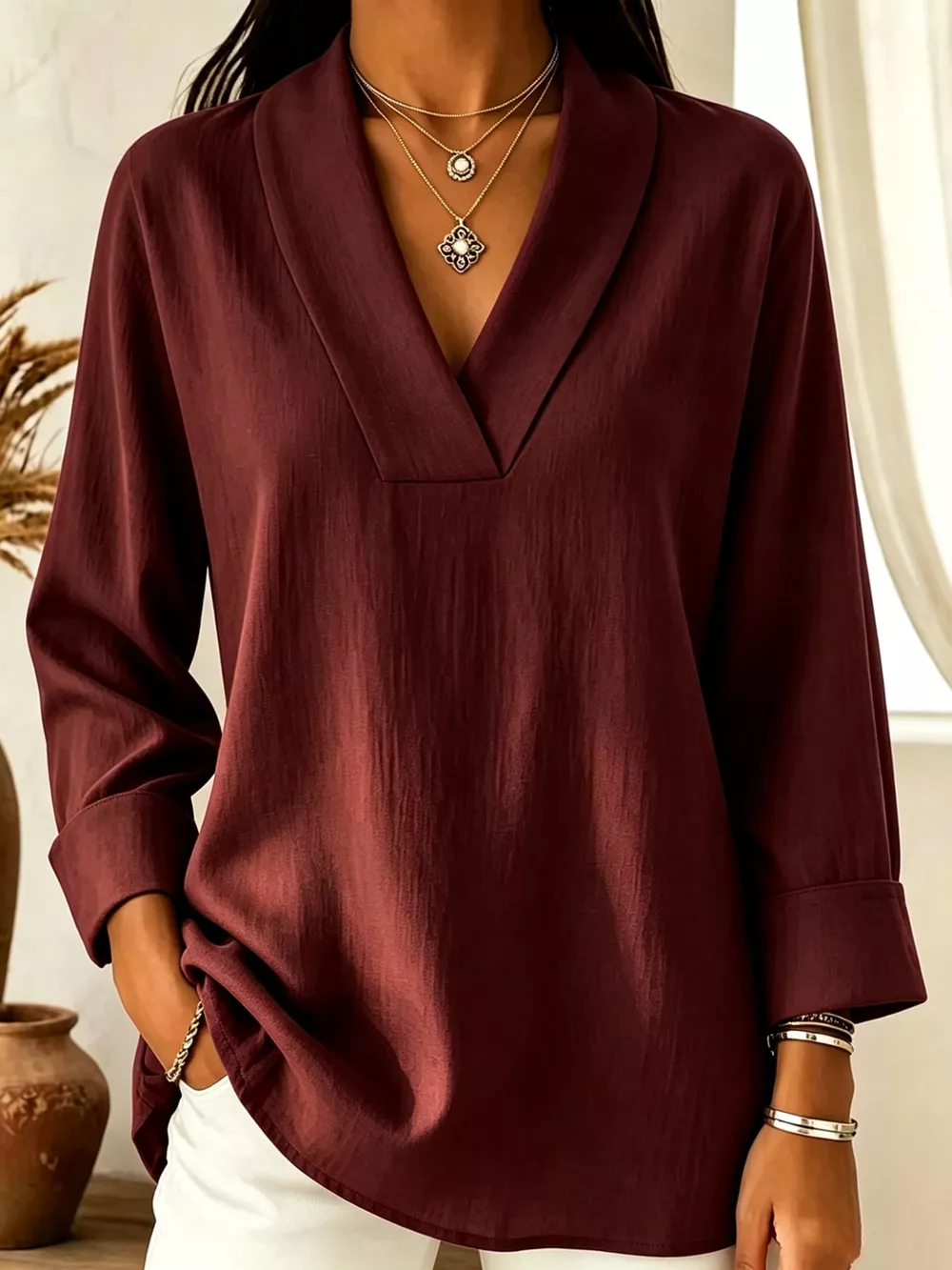 Full Size V-Neck Long Sleeve Blouse Plus Size, image 6
