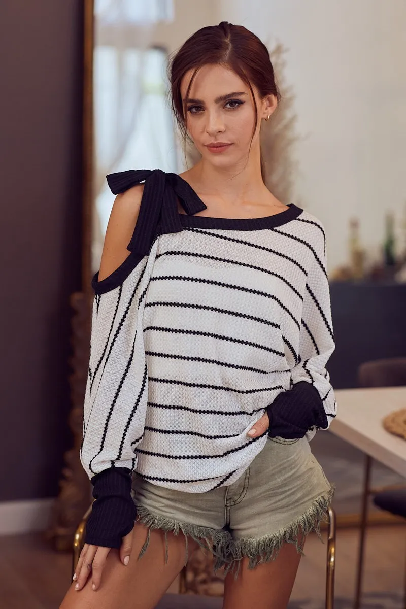 Stripe Yarn Dye Waffle One Shoulder Ribbon Detail Top, image 6