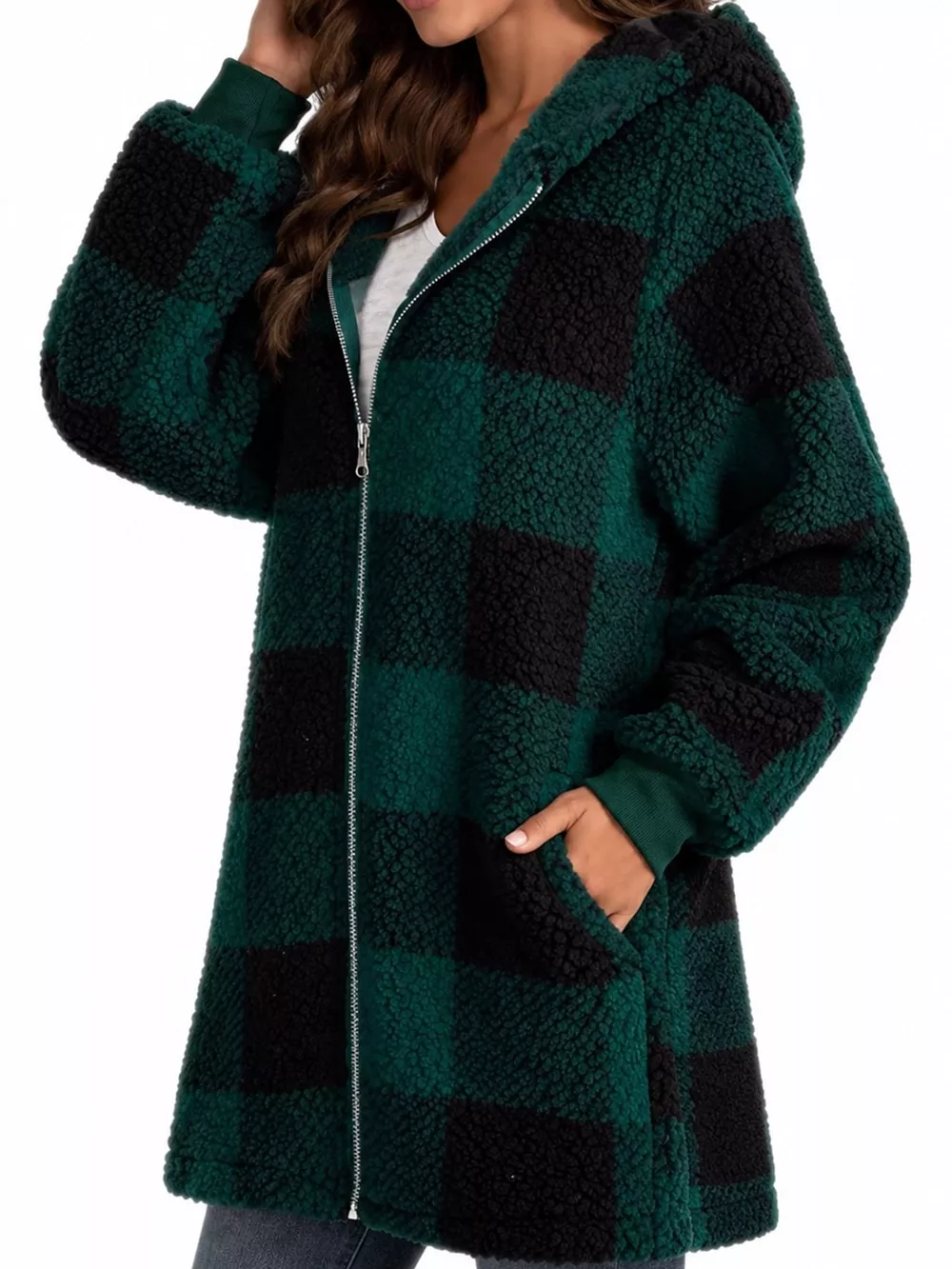 Full Size Plaid Sherpa Hooded Zip-Up Outerwear Plus Size, image 11