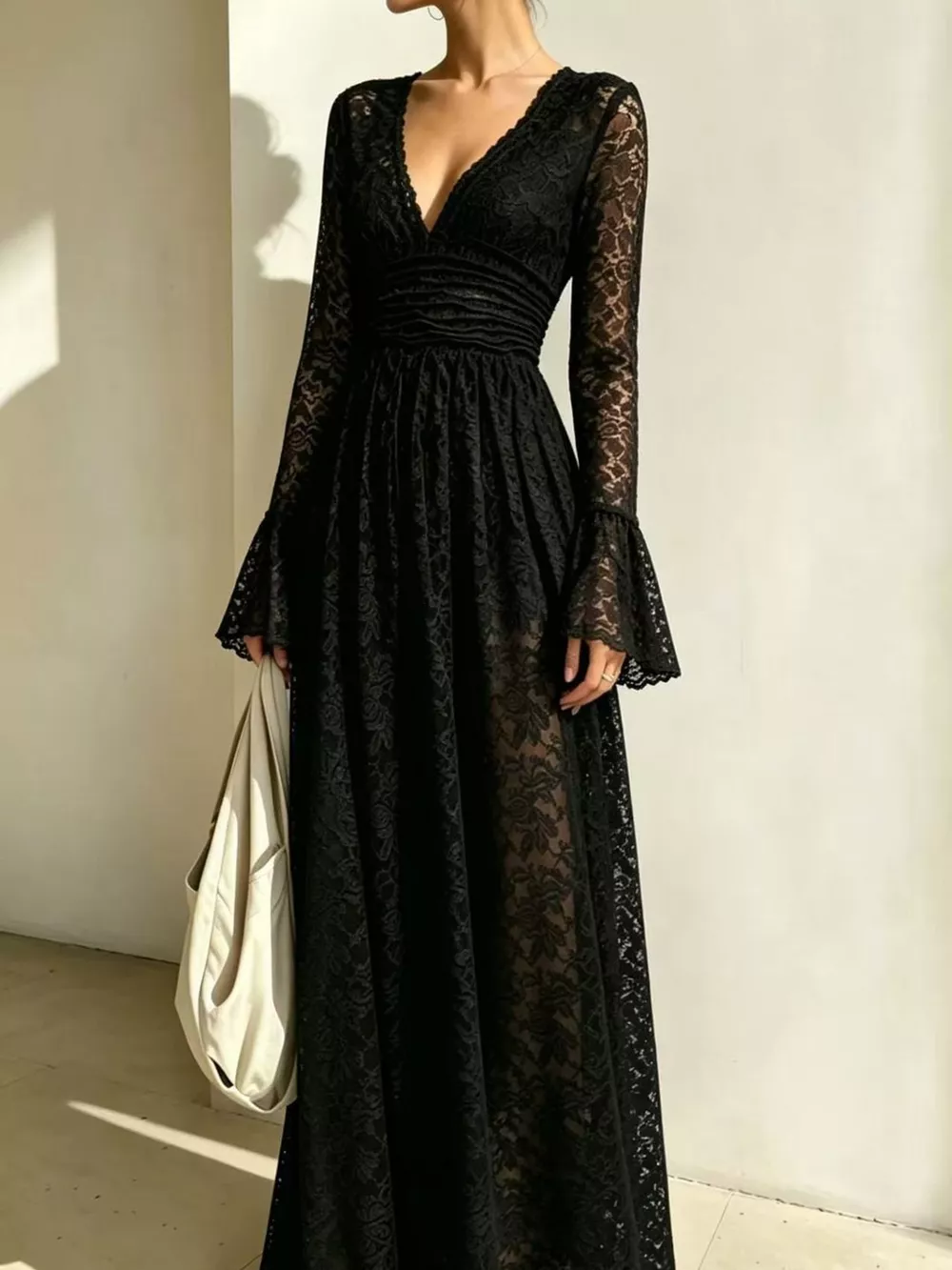V-Neck Lace Flare Sleeve Maxi Dress, image 5