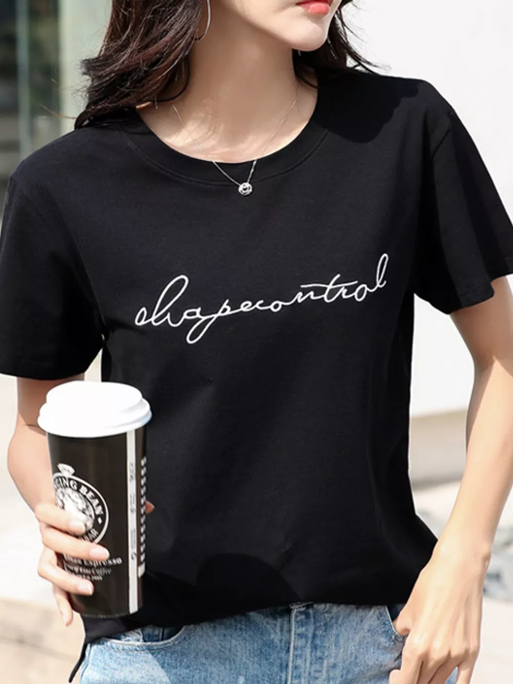 Full Size Letter Embroidered Round Neck T-Shirt Plus Size, image 2
