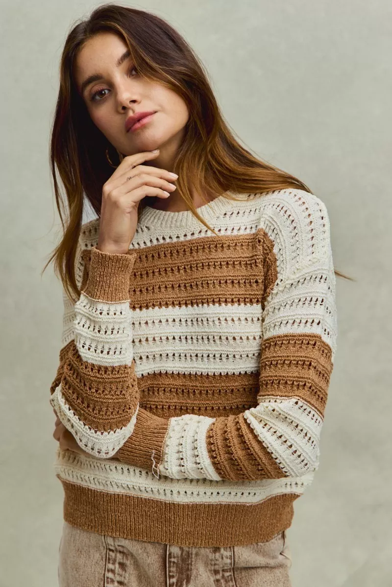 Openwork Round Neck Wide Stripe Textured Sweater, image 7