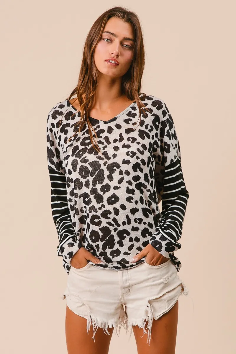Leopard Hacci Knit Twist Back Top With Stripe Sleeve, image 4