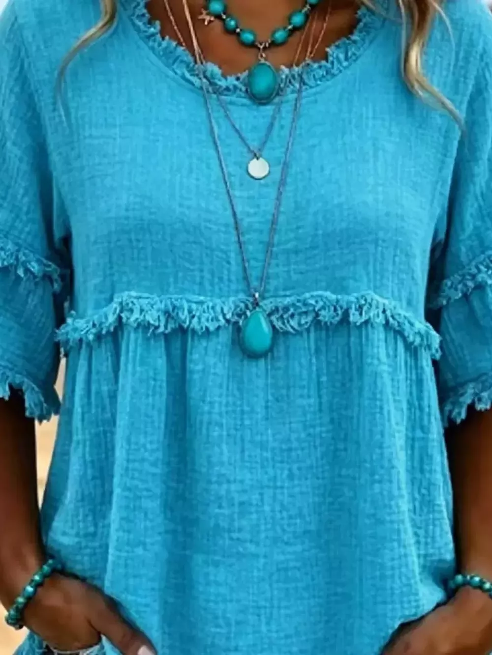 Full Size Frayed Edge Textured Blouse Plus Size, image 26