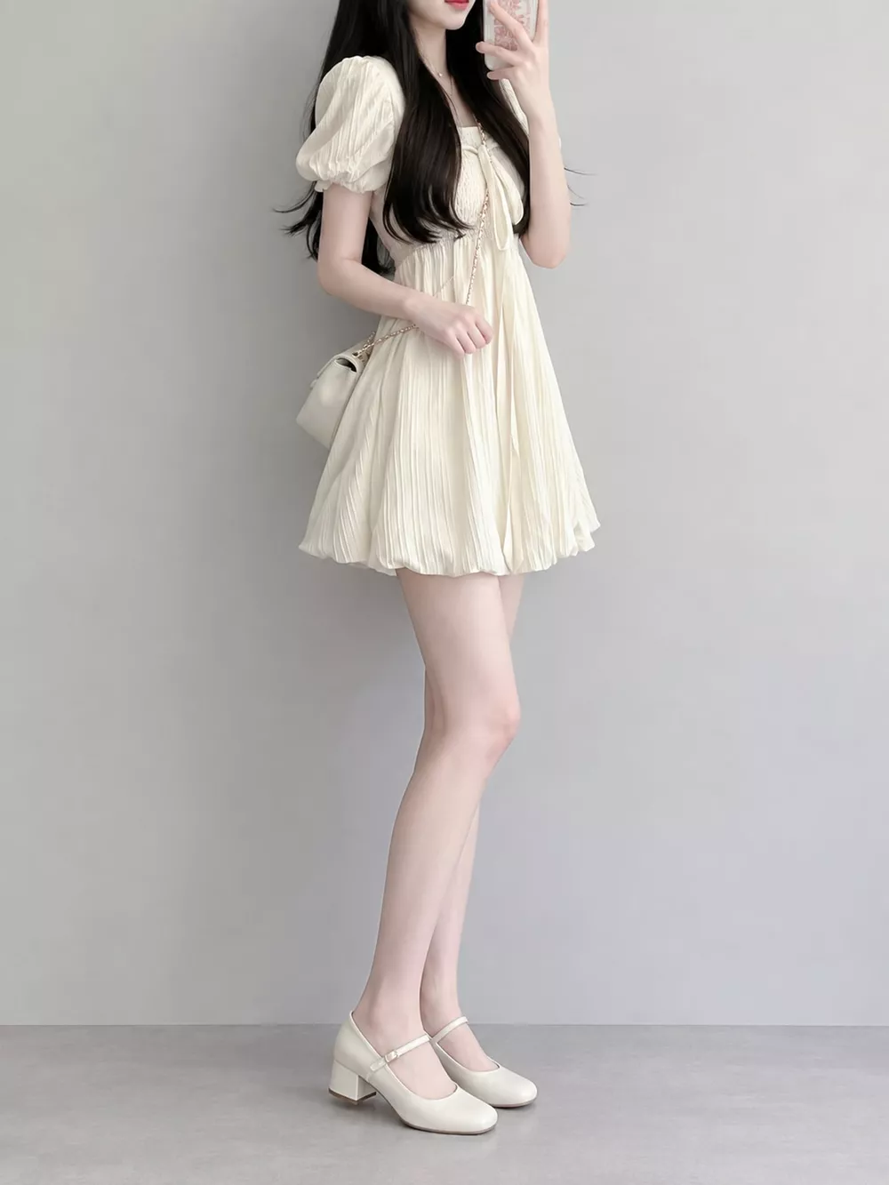 Puff-Sleeve Smocked Mini Dress with Tie-Front Detail