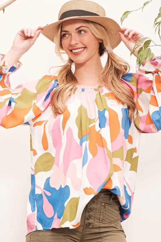 Abstract Print Off-the-shoulder Long Sleeve Top