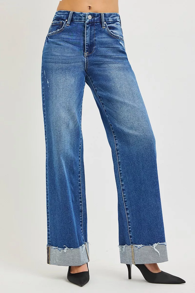 High Rise Wide Leg Jeans With Cuffed Hem, image 2